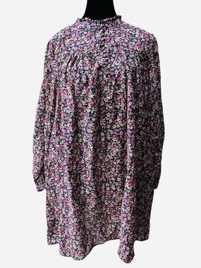 J.Crew Navy Floral Tunic Dress Size Large High Neck Modest 100% Cotton Preppy